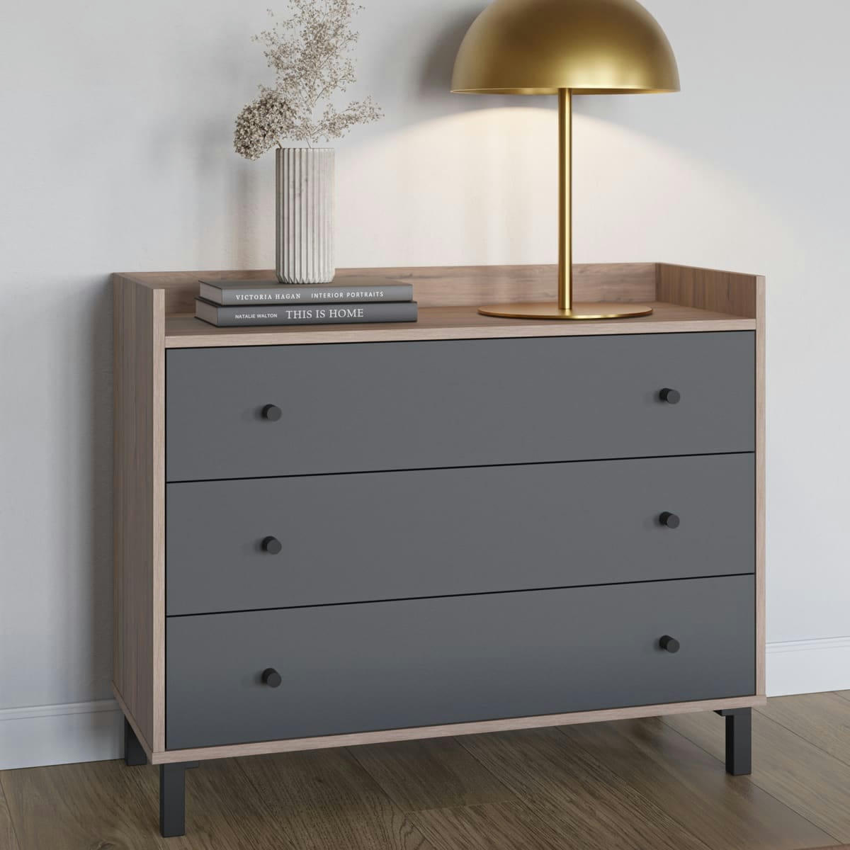 AURELIA - Commode 3 tiroirs gris anthracite et effet bois 92 cm