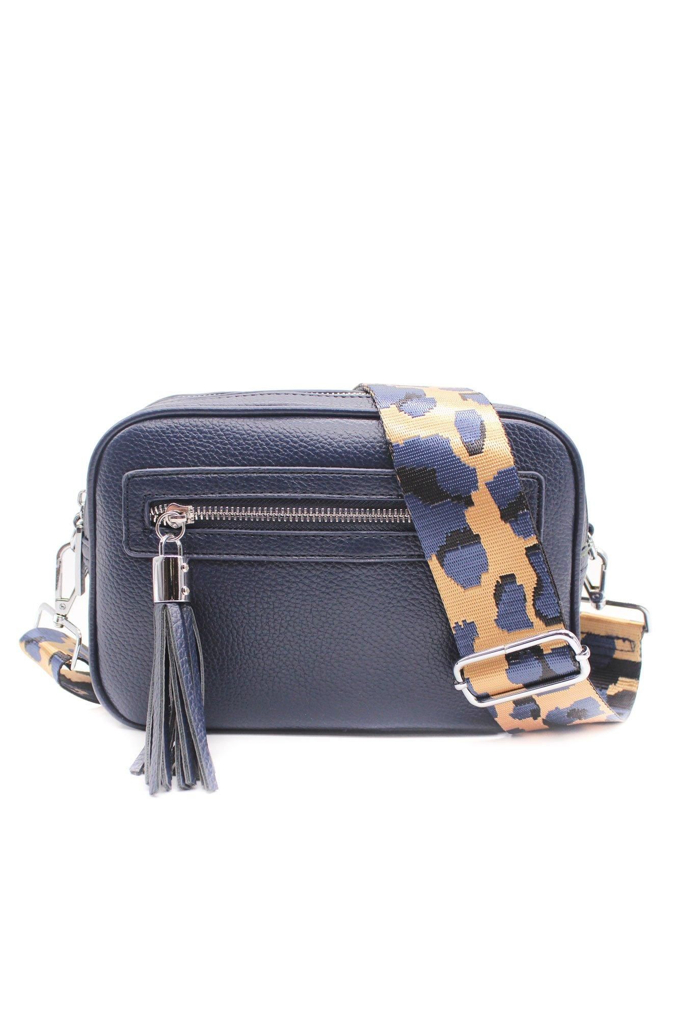 Kitise Double Zipper PU Leather Tassel Charm Wide Camo Strap Crossbody Bag