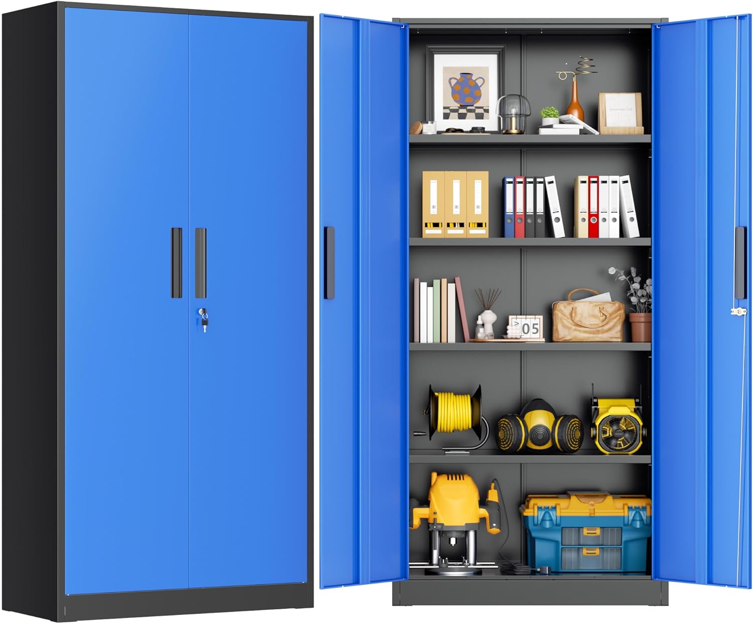 Greenvelly Metal Storage Cabinet, Steel Garage Cabinet with Doors and Adjustable Shelves, Metal Cabinet with Lock,Tall Metal Office Storage Cabinet for Garage,Home Office,School (Black Blue)