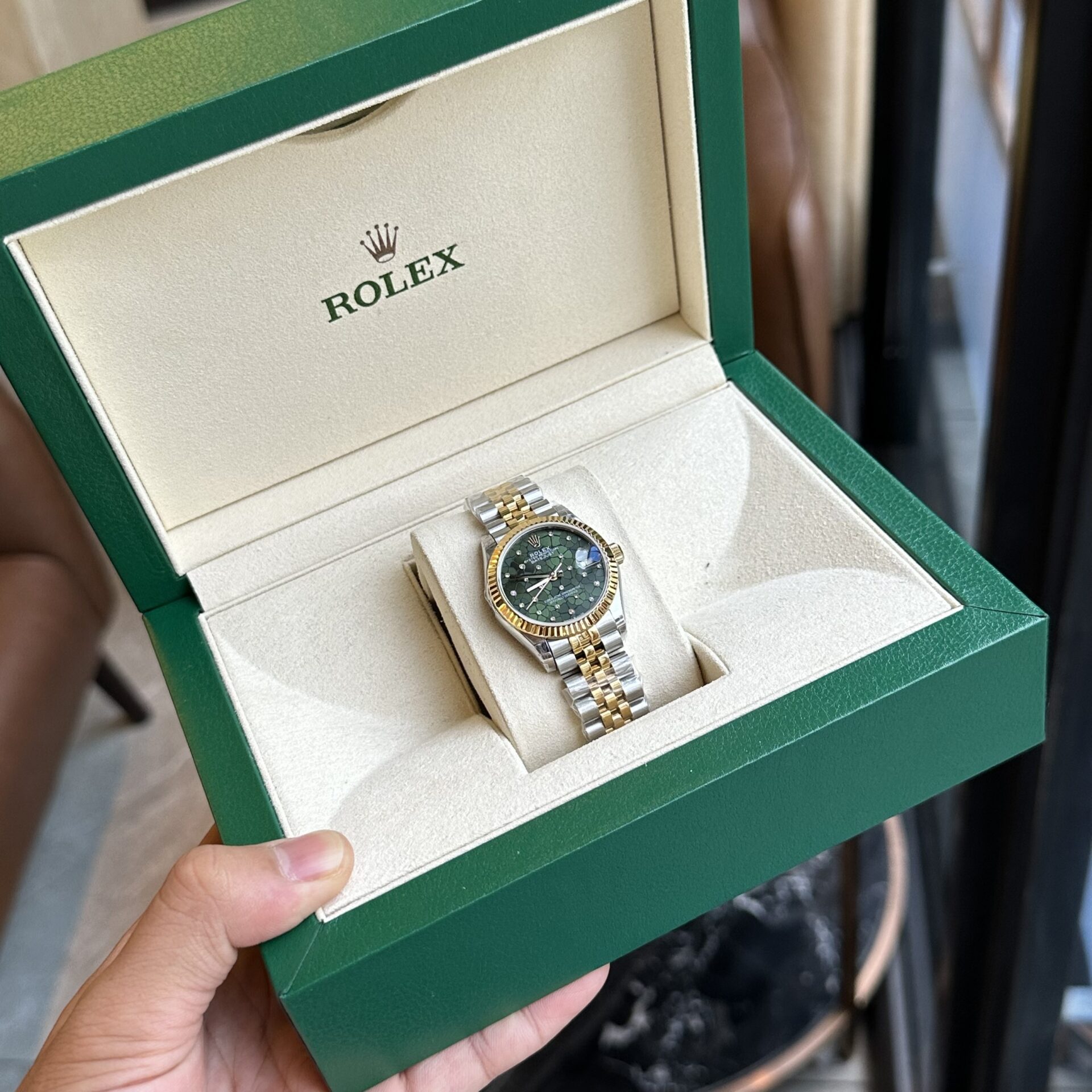 Rolex Datejust SS/YG Plated Green Dial CZ Diamonds 31mm Jub AAA Replica