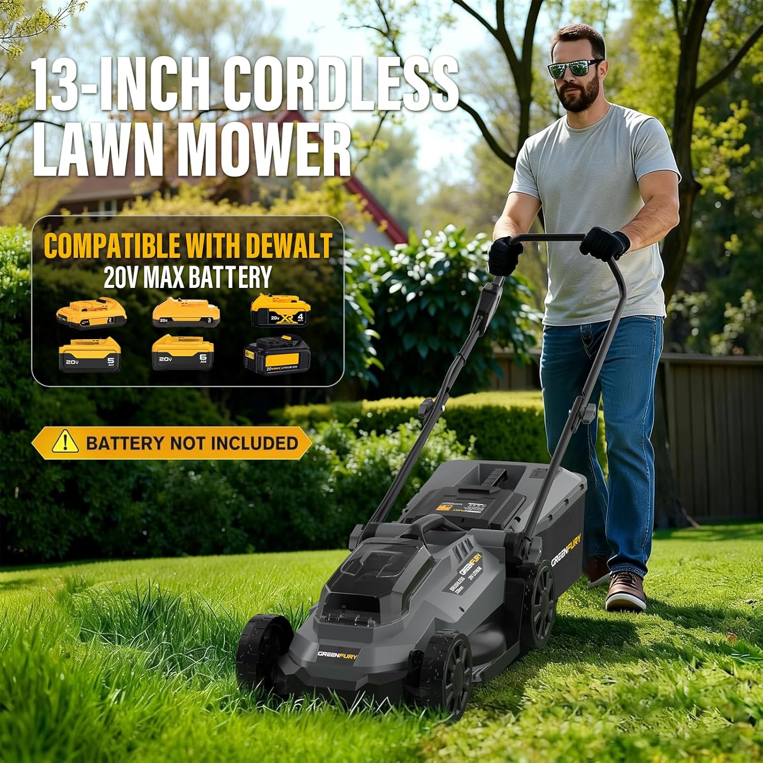 13 Inch Cordless Lawn Mower, Compatible with Dewalt 20V MAX Battery, Brushless Electric Mower with 8 Gallon Grass Bag, 5-Level Height Adjustment, for Small Yard/Garden (Battery Not Included)