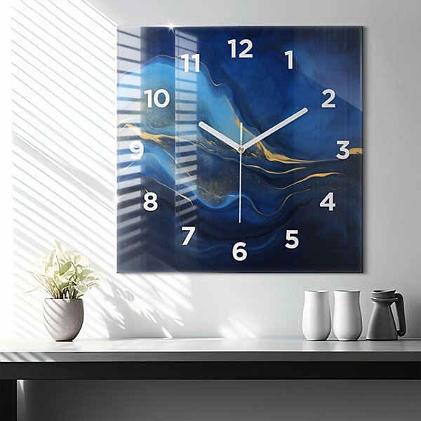 Horloge murale Wallfluent 60x60 cm Avec chiffres Aiguilles blanches Marbre bleu 1 pcs