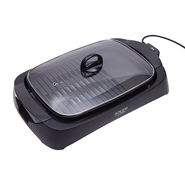 Adler Grill électrique 3000W - Couvercle en verre - 2 zones de cuisson et Spatule incluse