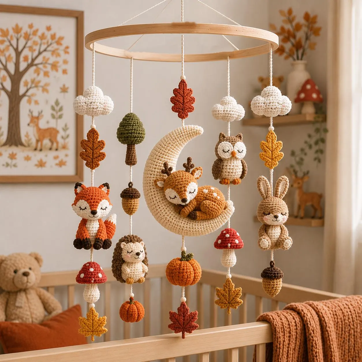 Handmade Crochet Woodland Baby Mobile, Forest Animals, Fall Nursery Decor, Crochet Crib Toy