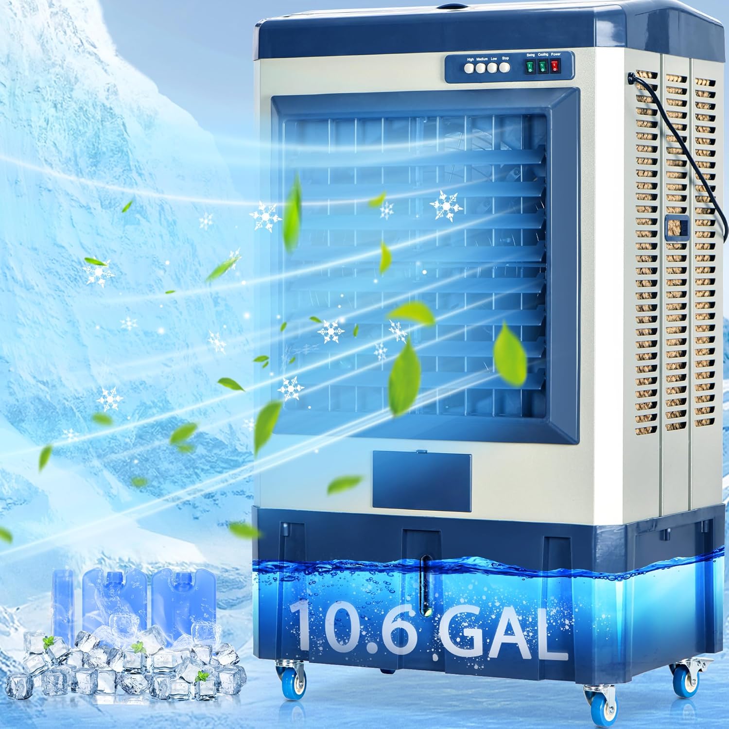 4800 CFM Swamp Cooler,41 Evaporative Air Cooler with 10.6 Gal Water Tank,3 Ice Packs,120° Swing,3 Speeds,Swamp Cooler Air Conditioner for Commercial,Outdoor,Garage,Patio,Porch,Factory