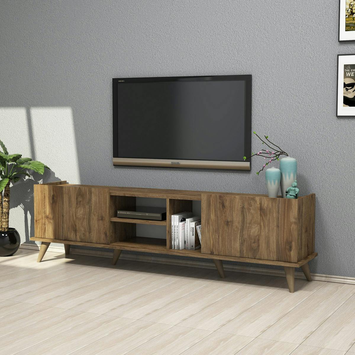 Banc TV avec rangement 2 portes décor bois foncé UMEA
