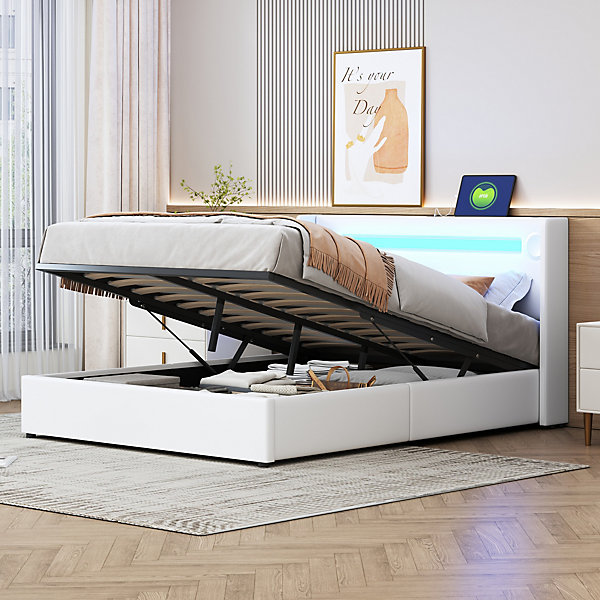 Lit rembourré 140 sur 200 avec éclairage LED lecteur Bluetooth port USB rangement en cuir PU sommier inclus pour chambre