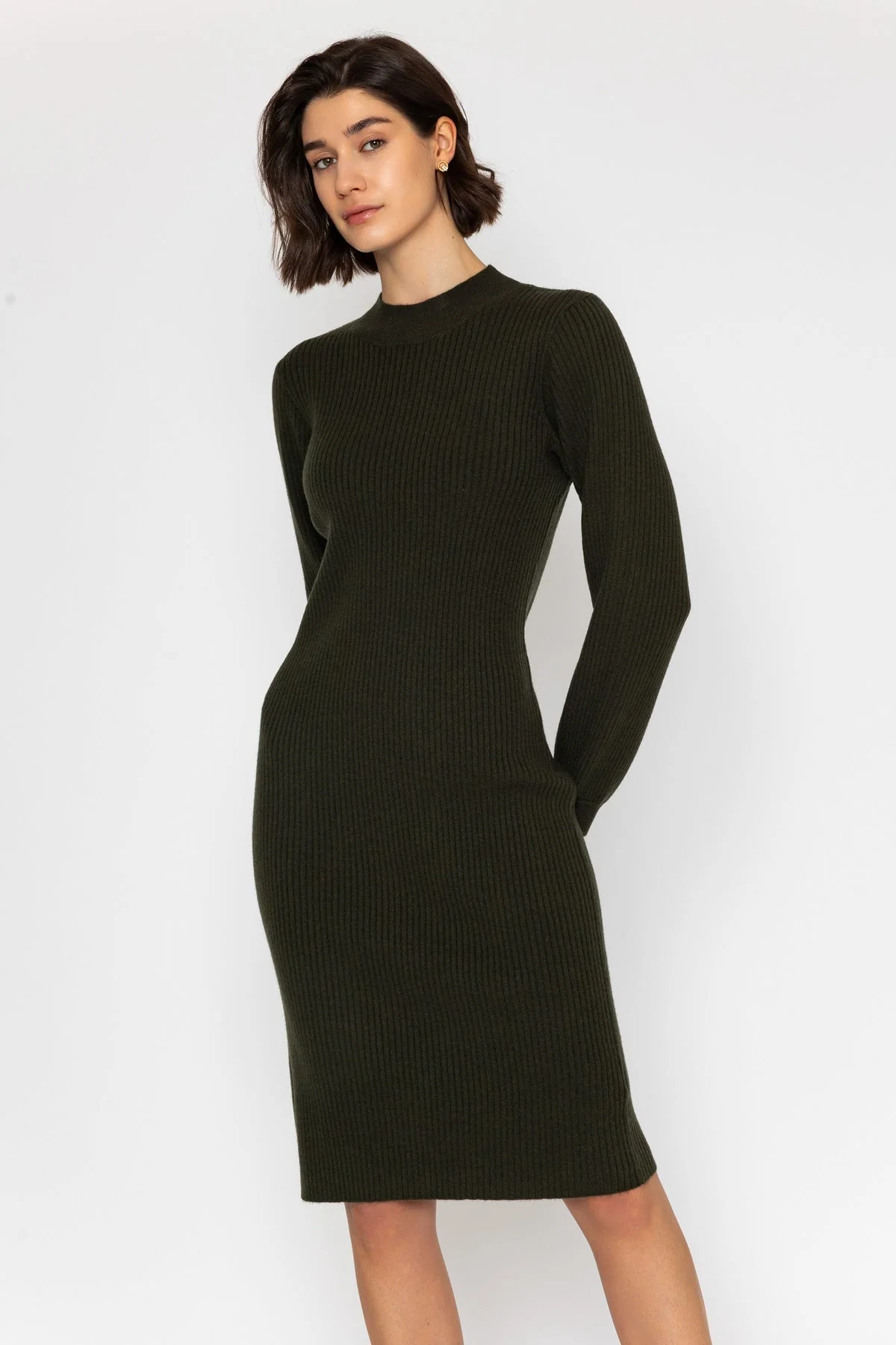 Khaki Long Sleeve Ribbed Knit Midi Dress