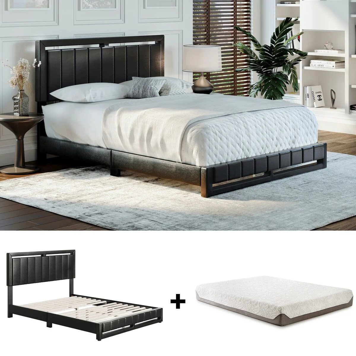 Upholstered Platform Bed and Mattress Bundle - Bed Frame with 8 in. Memory Foam Mattress Included by Boyd Sleep