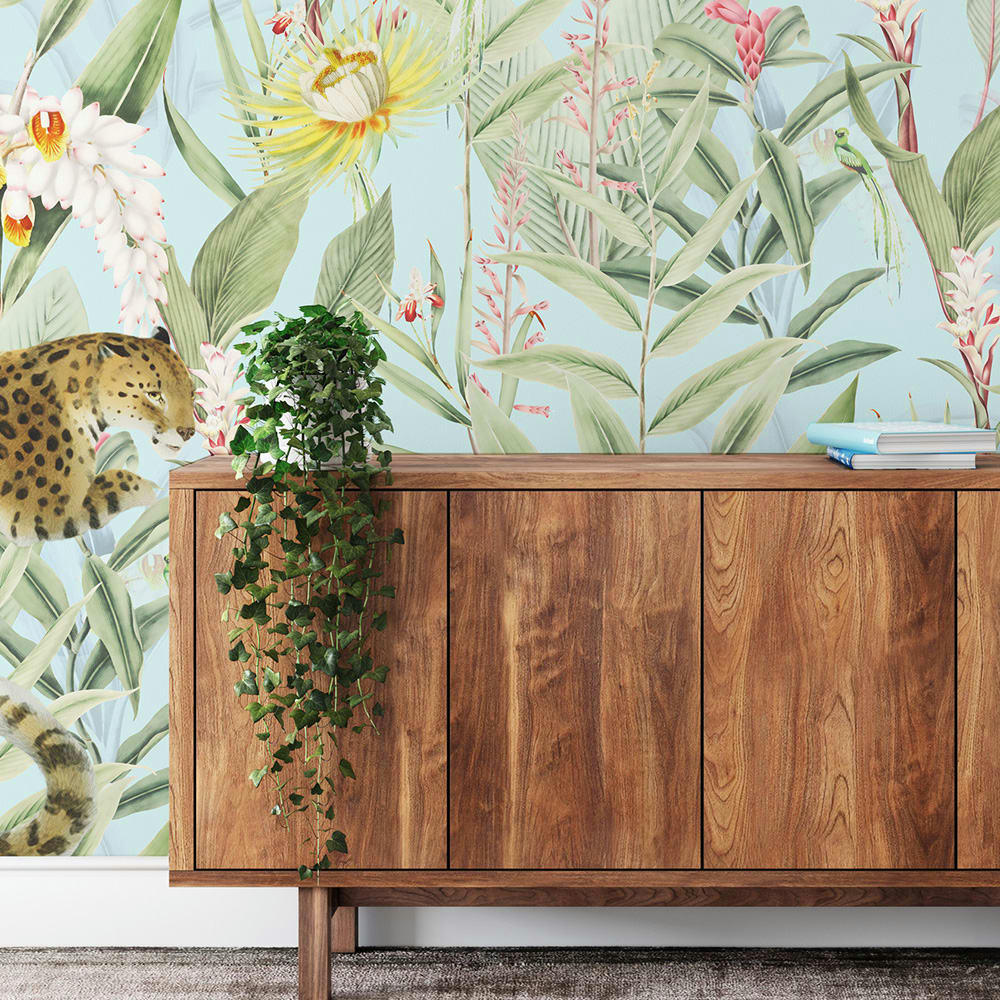 - Papier peint panoramique motifs fleurs jardin tropical ciel 425x260cm