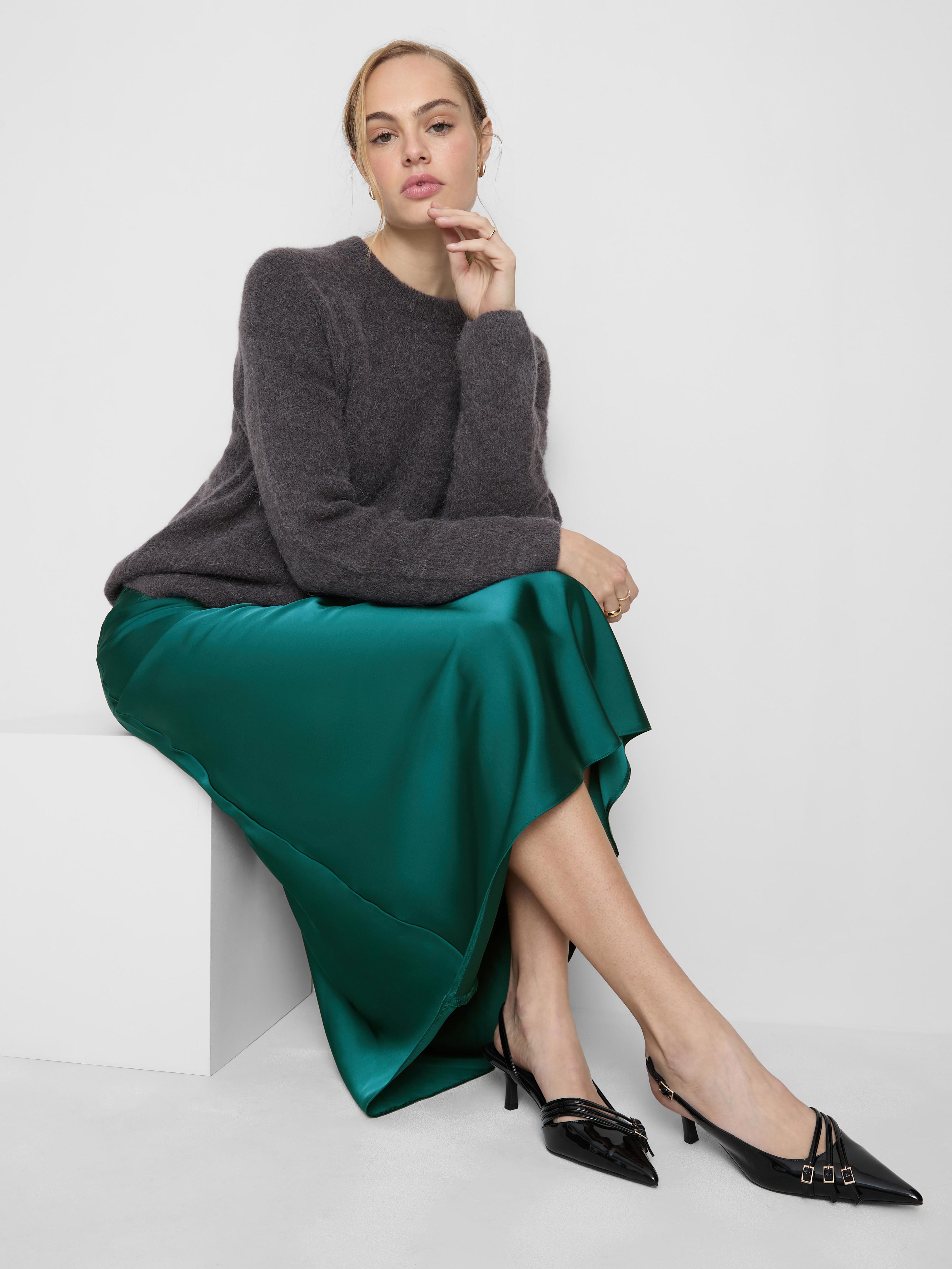 The Edit Belted Satin Midi Skirt