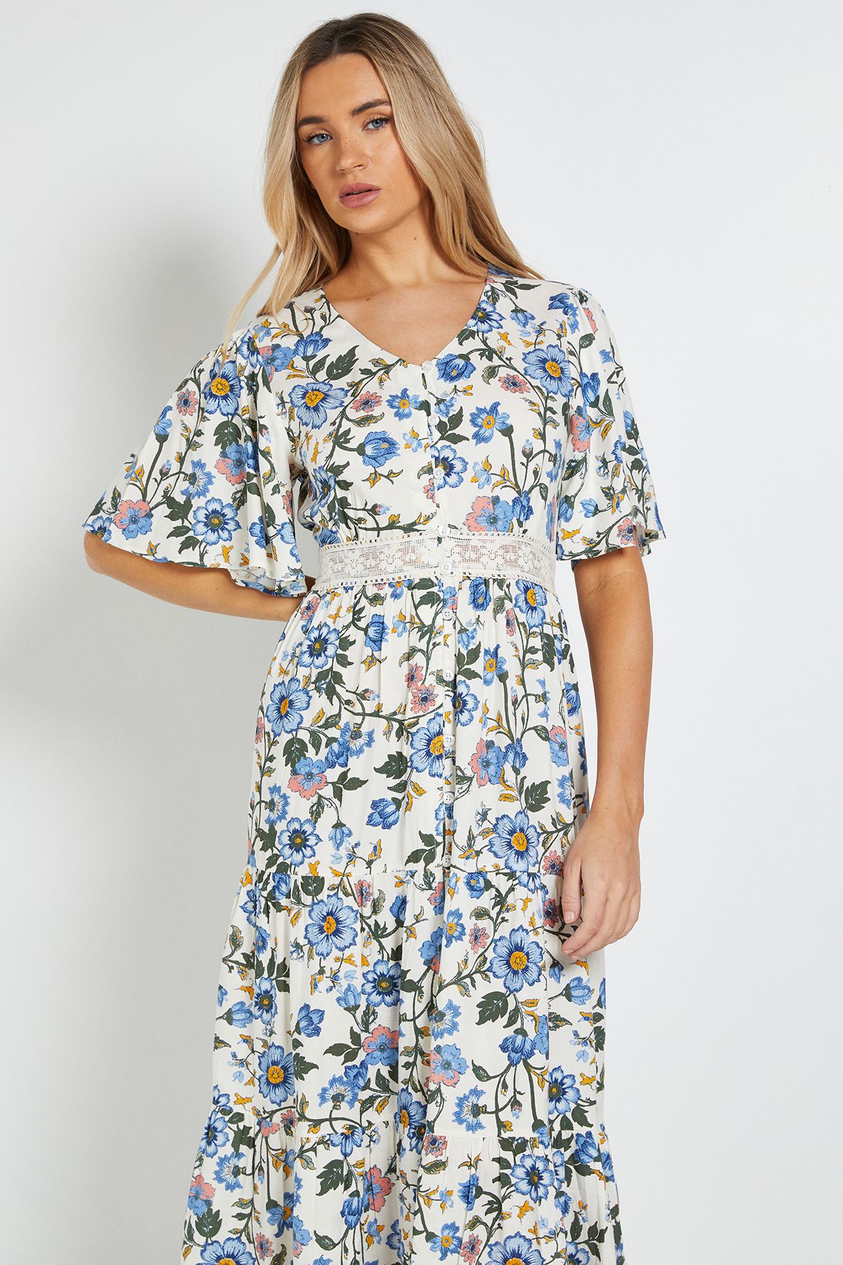 Dorothy Perkins Blue Floral Lace Trim Button Detail Angel Sleeve Printed Midi Dress