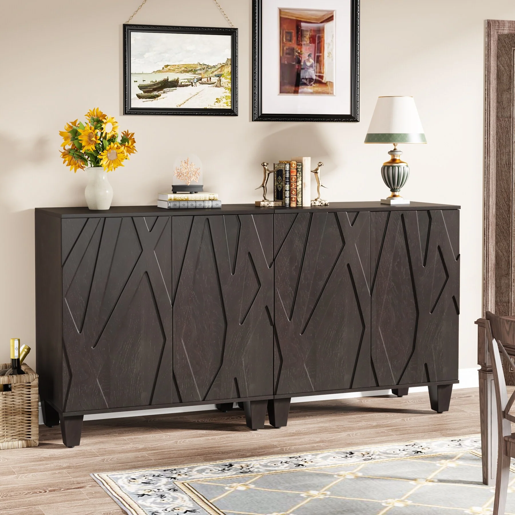 55-Inch Sideboard, Wood Buffet Cabinet with Adjustable Shelf, Black - N/A