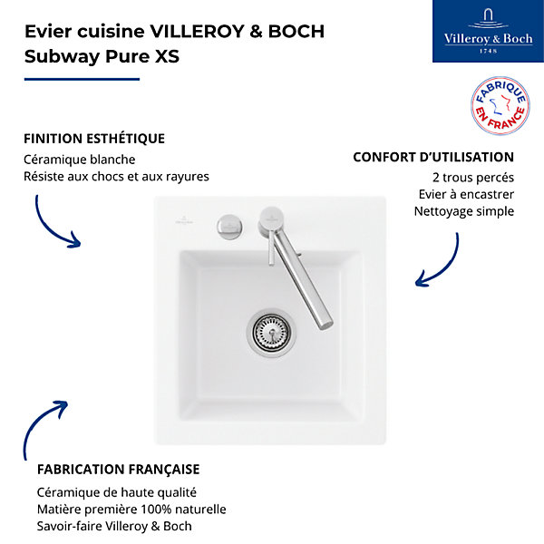 Evier 1 bac sans egouttoir VILLEROY ET BOCH Subway Pure XS 47,5 x 51 cm Blanc