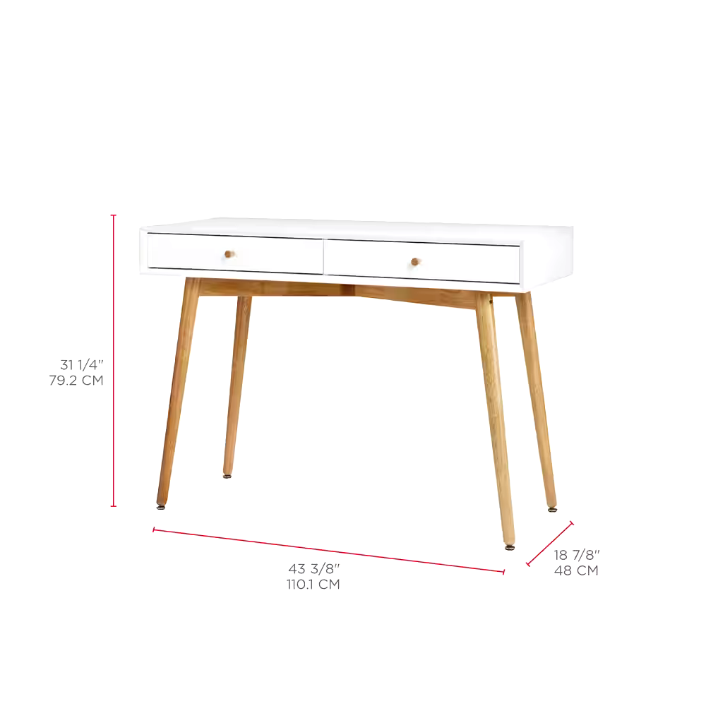 CANVAS Copenhagen 2-Drawer Home Office Writing Console Desk/Table With Wood Legs, White