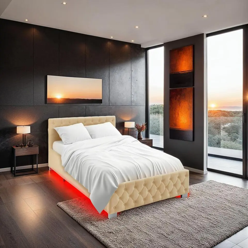 tectake Gestoffeerd bed met LED & opbergruimte, 140 x 200 cm, Beige