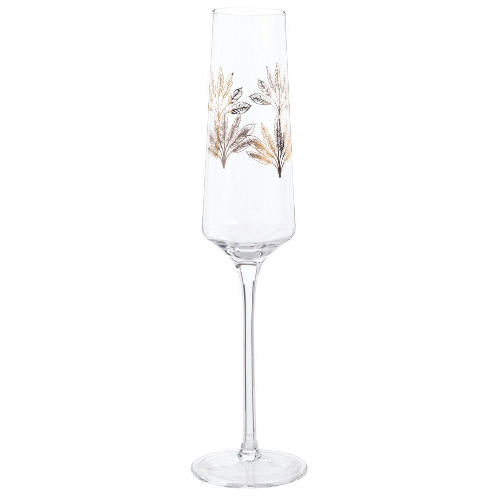 - Flûte à champagne en verre transparent motif palmiers dorés