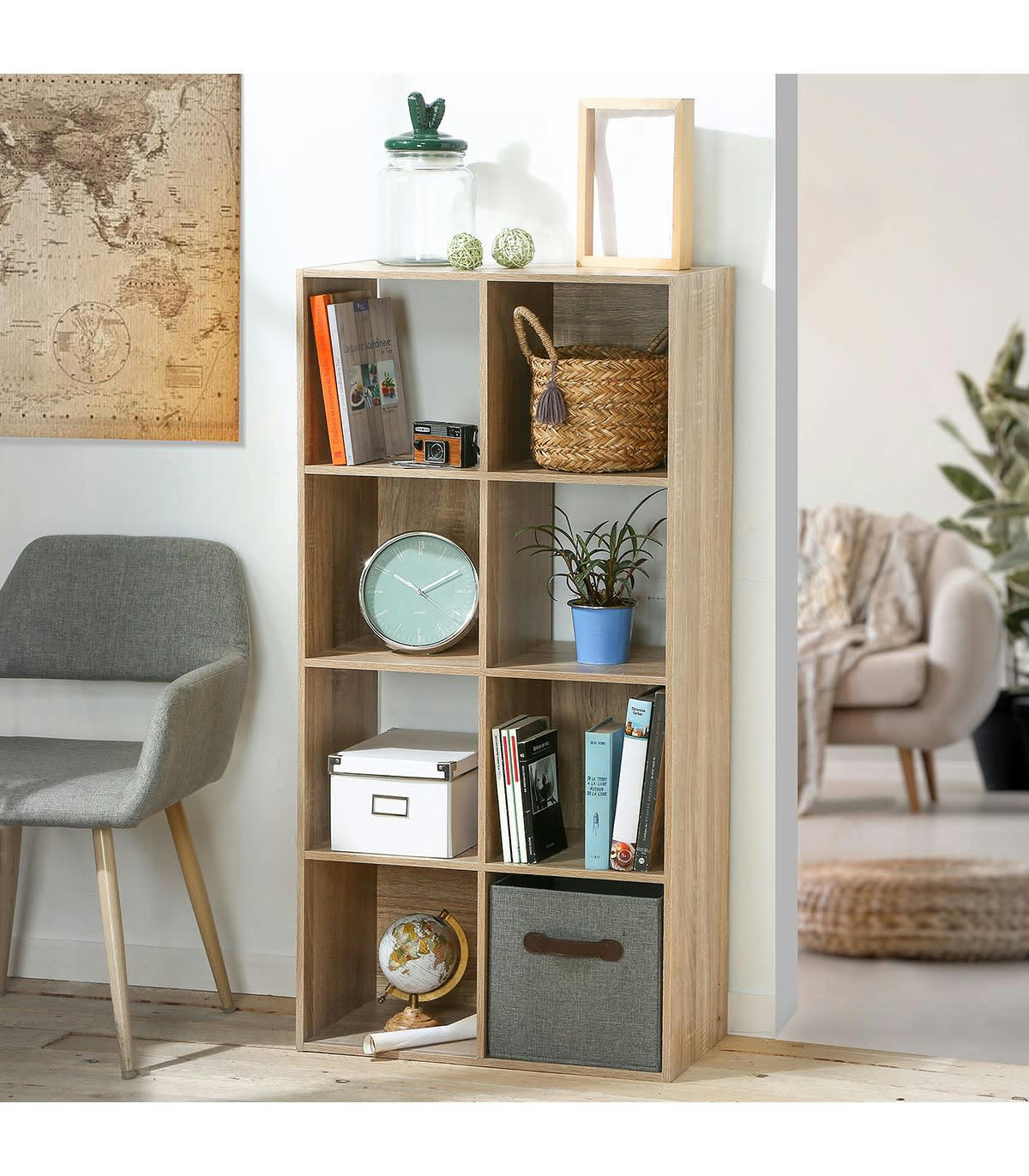 - Bibliothèque 8 cases décor chêne - H124.2 cm