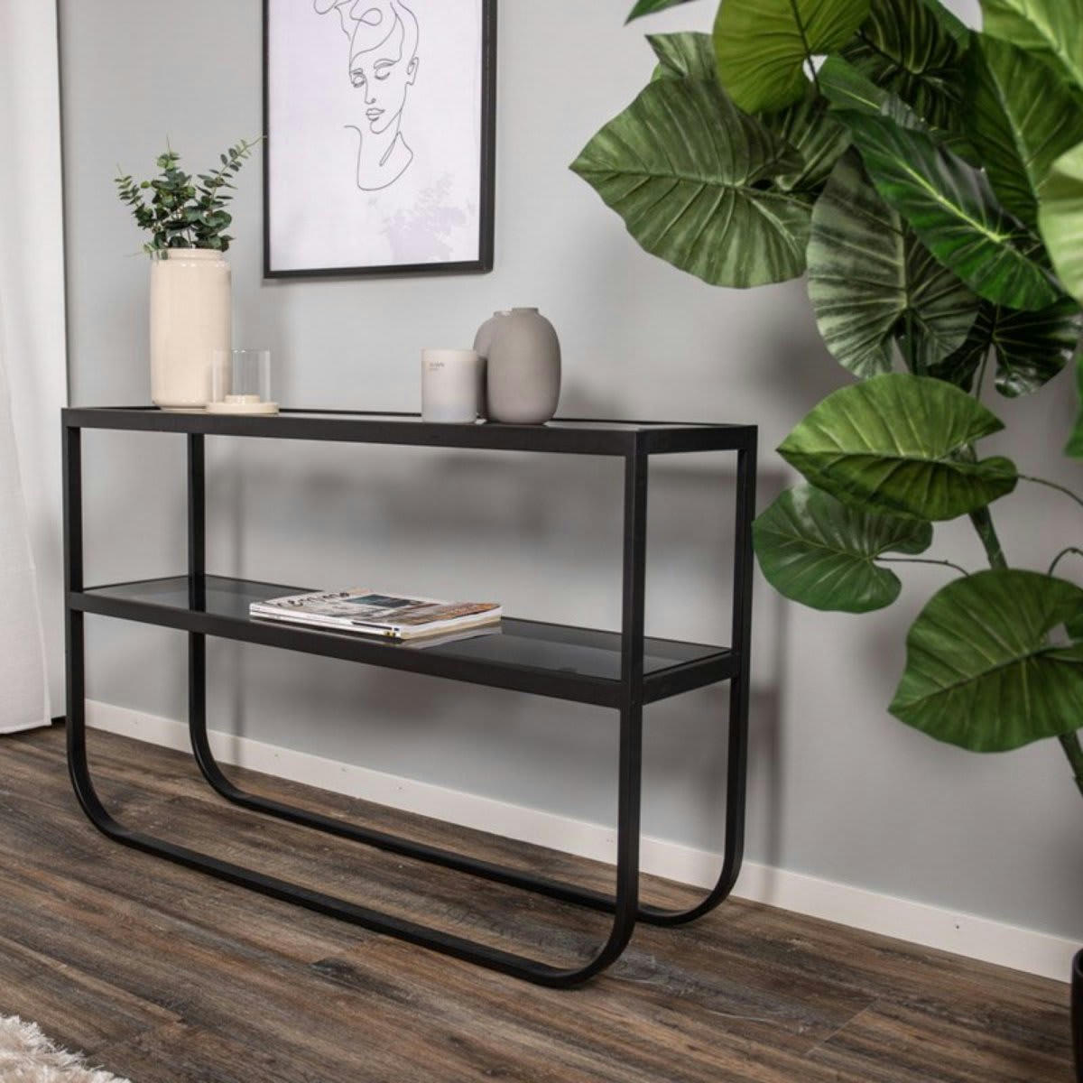 ROLANE - Console 2 plateaux en verre et métal noir