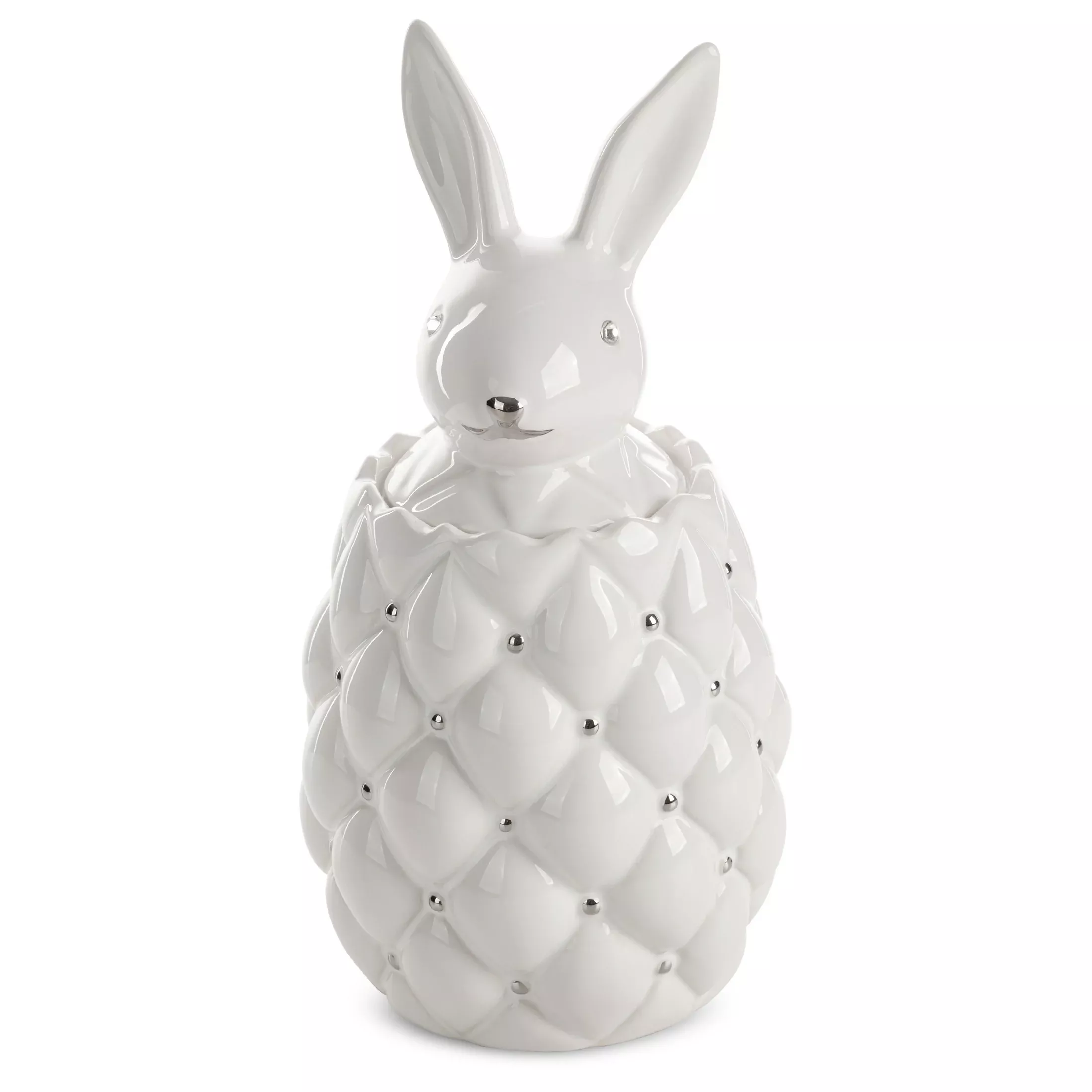 Pojemnik ceramiczny dekoracyjny biało-srebrny zdobiony króliczkiem średnica 14x30 cm ADORE
