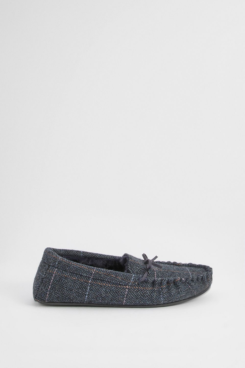 Maine Navy Herringbone Faux Fur Lined Moccasin Slippers