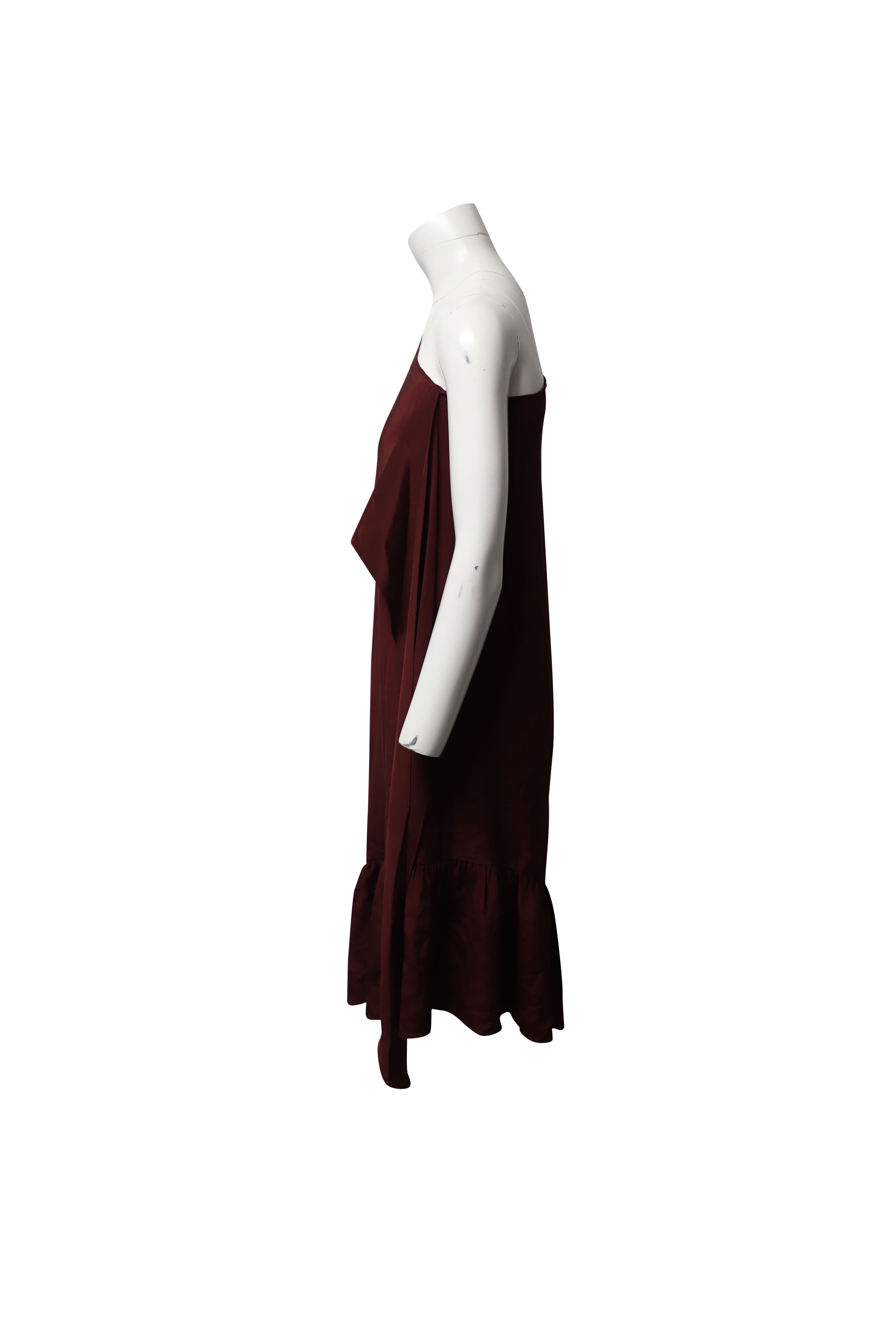 Tibi Preloved One-Shoulder Ruffle Dress in Burgundy Silk