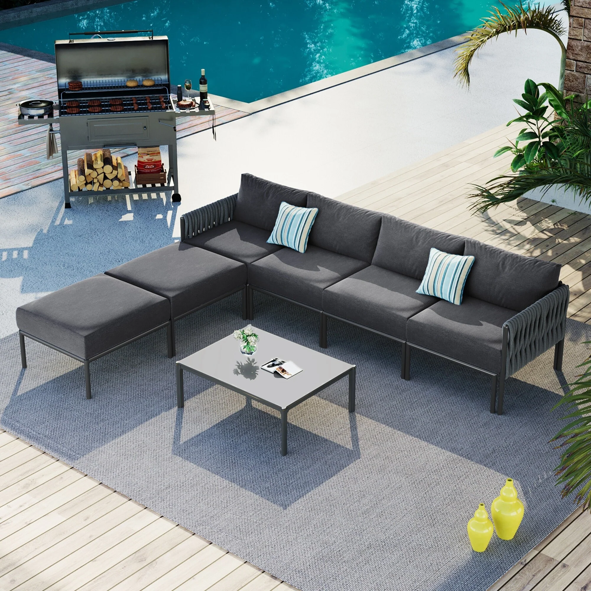 6-Pieces Aluminum Patio Furniture Set, Modern Metal Outdoor Conversation Set Sectional Sofa With Removable Olefin Extra