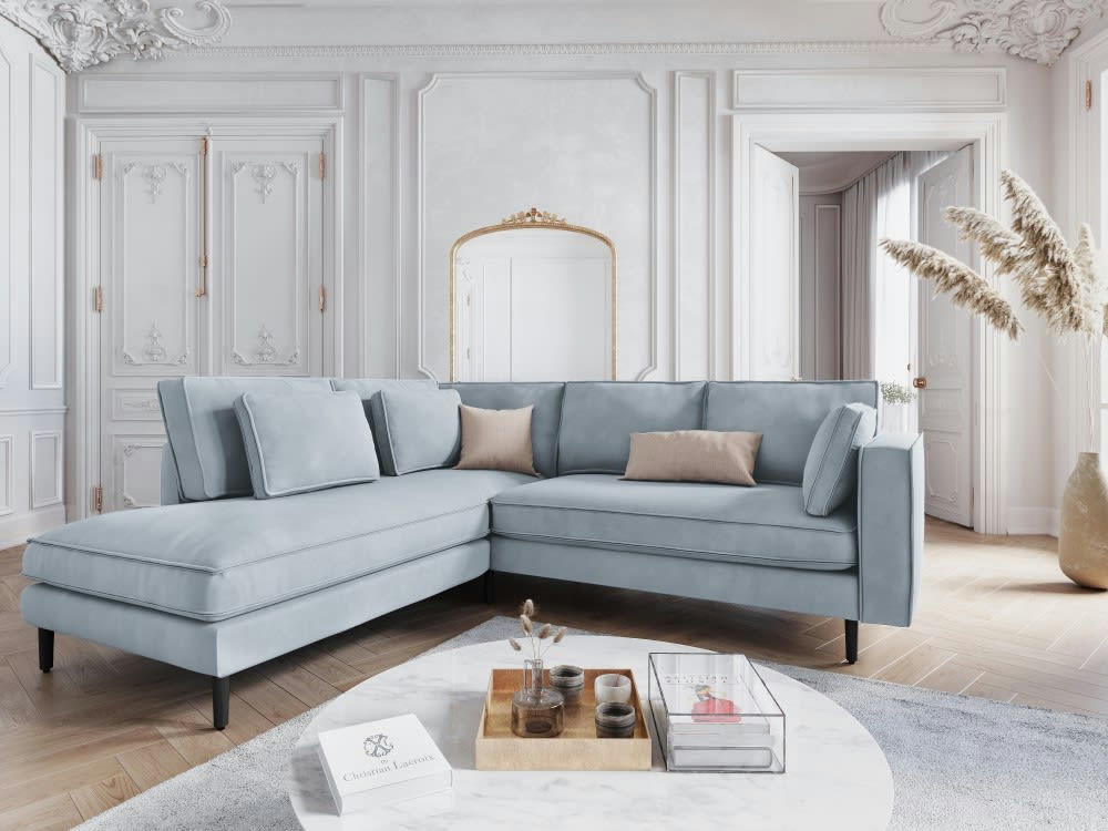 ALEXIS - Canapé d'angle 5 places en velours bleu clair