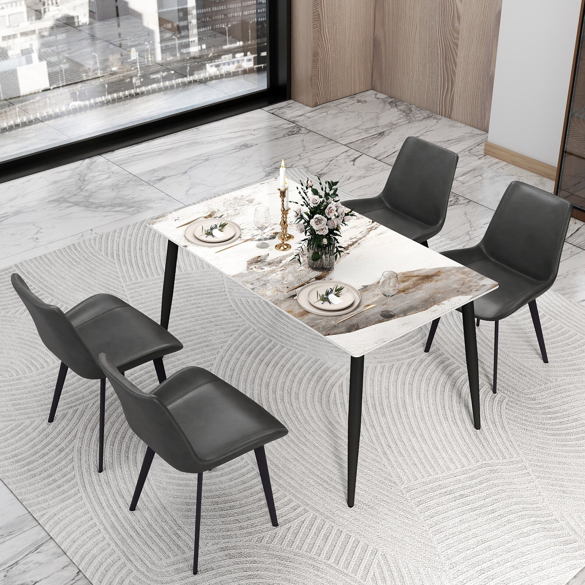 55 Modern Dining Table, White Sintered Stone Tabletop Dining Table with Black Iron Legs