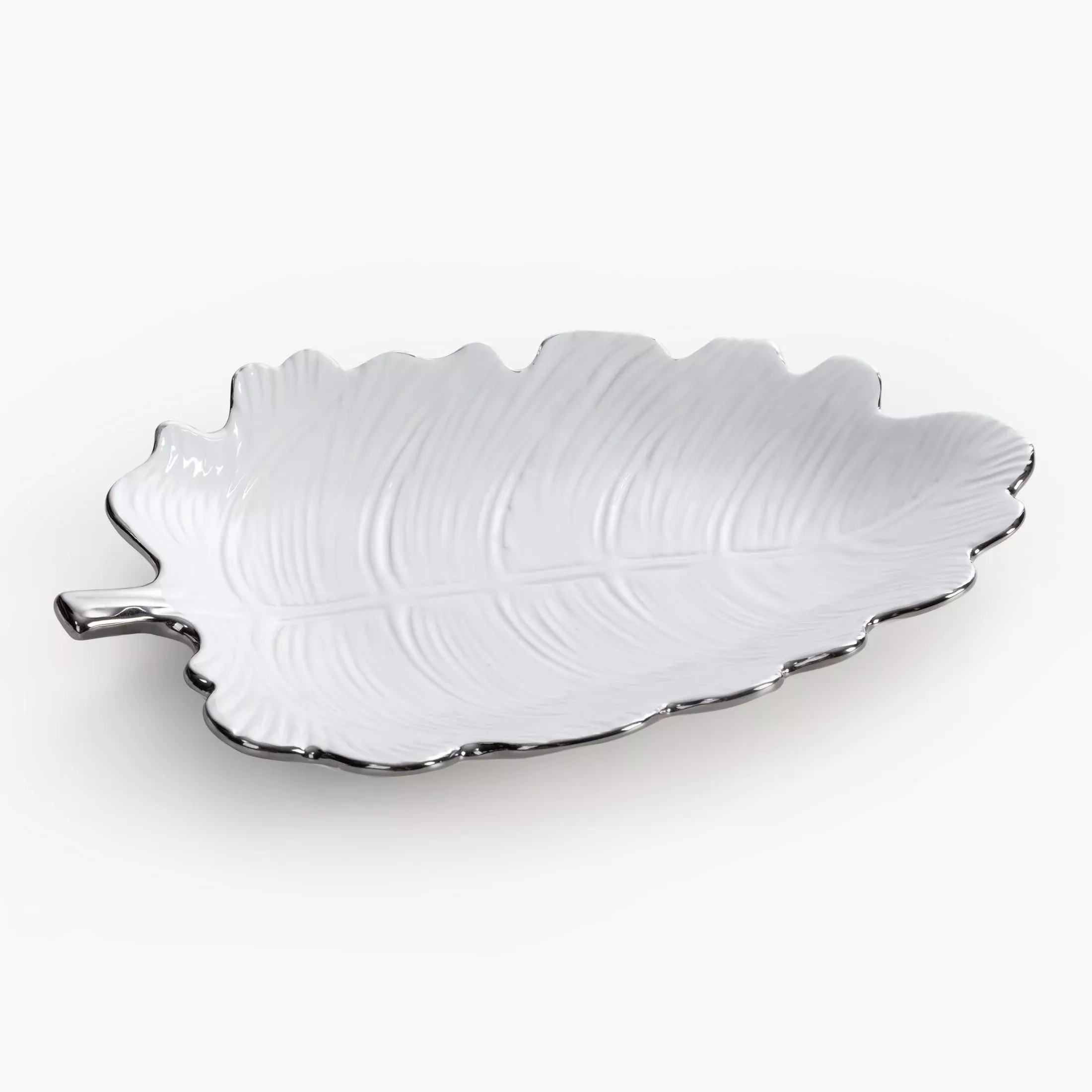 Patera ceramiczna dekoracyjna biało-srebrnaw kształcie liścia 26x18x4 cm ALMA 2