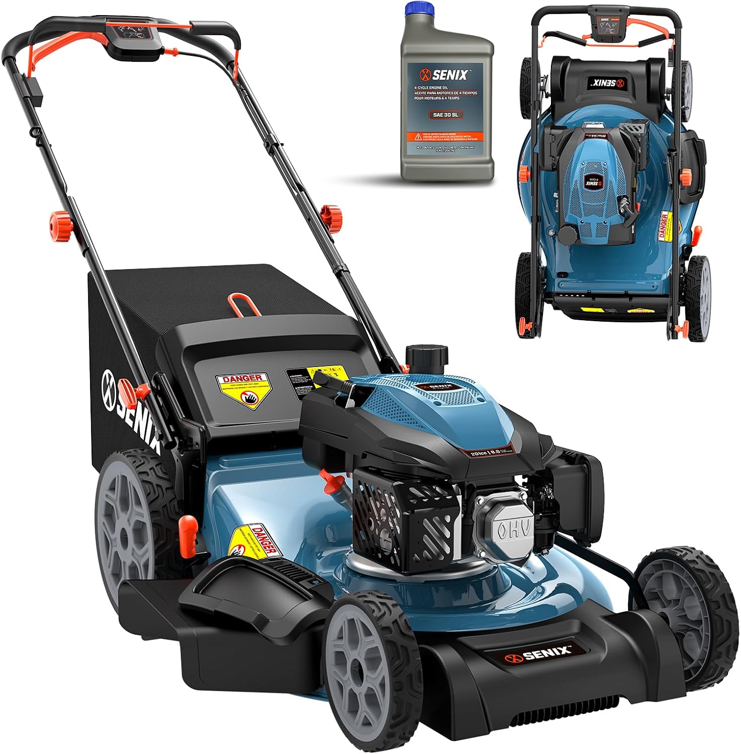 SENIX 201cc 22 3-in-1 Gas Lawn Mower  Variable Speed Rear Wheel Self-Propelled Mower  Mulching  Bagging  Discharging  Foldable  6 Cutting Height Adjustable  for Garden Yard