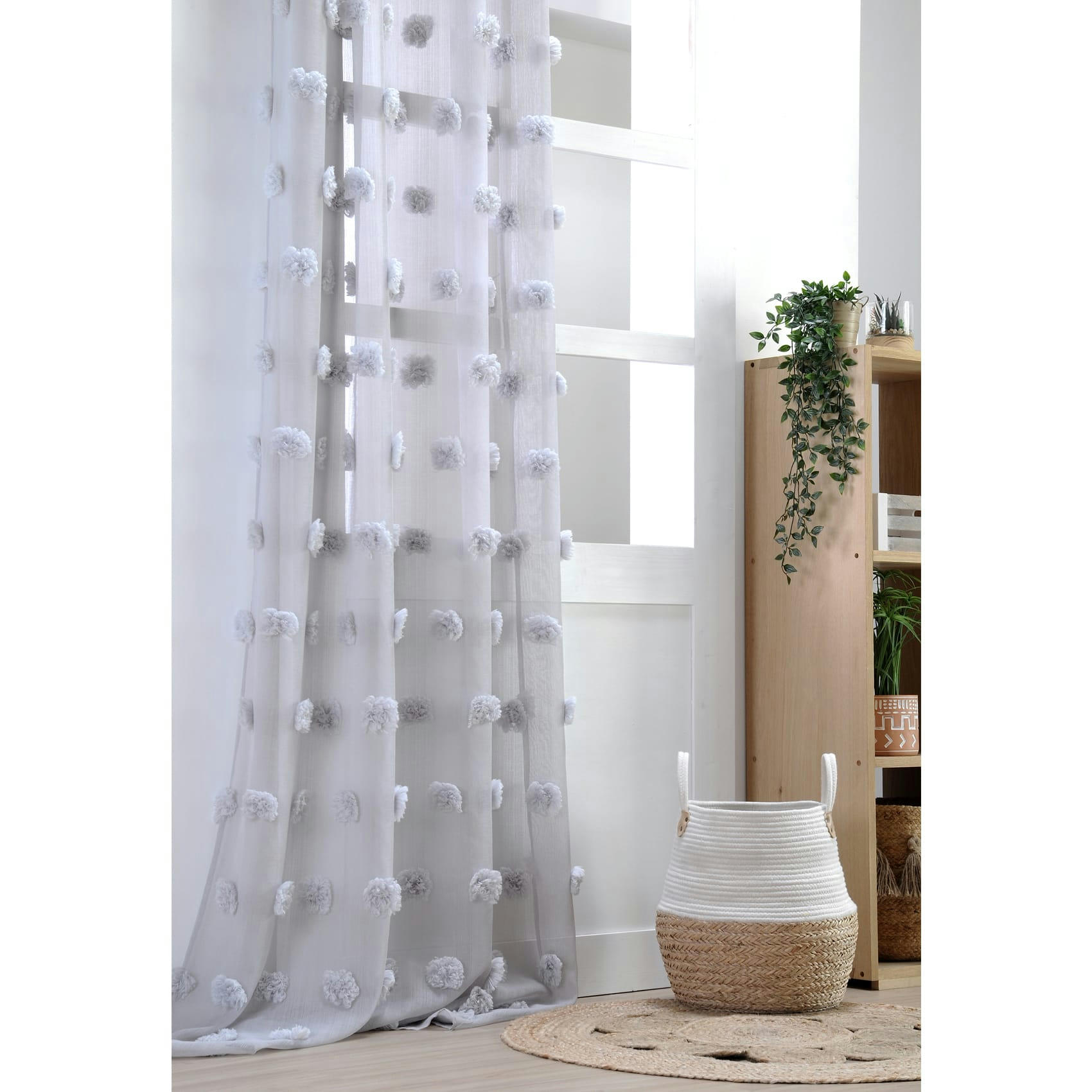 - Voilage fantaisie à pompons polyester gris perle 140x260 cm