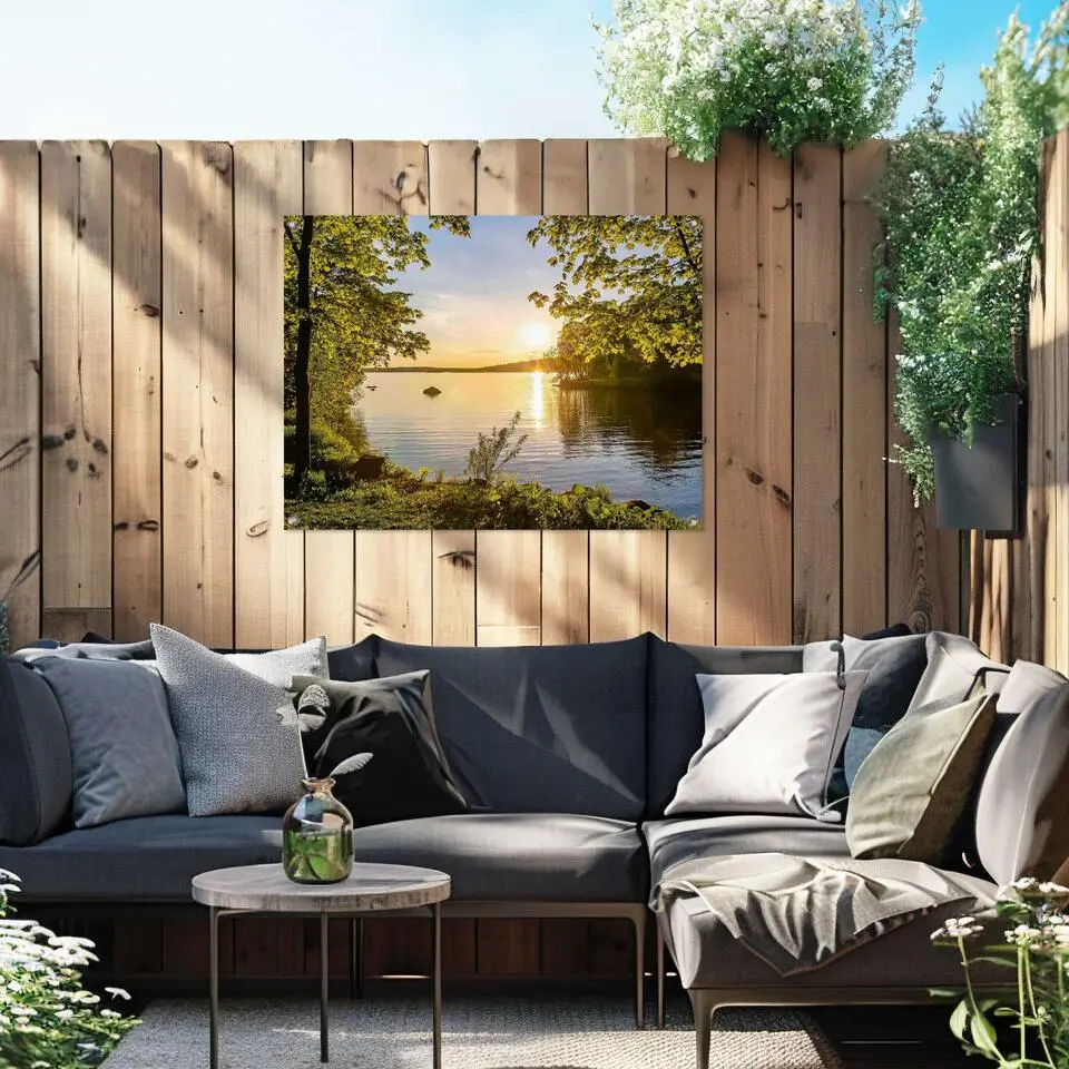 Tuinposter Zonsondergang aan het meer - 60 x 80 - Groen
