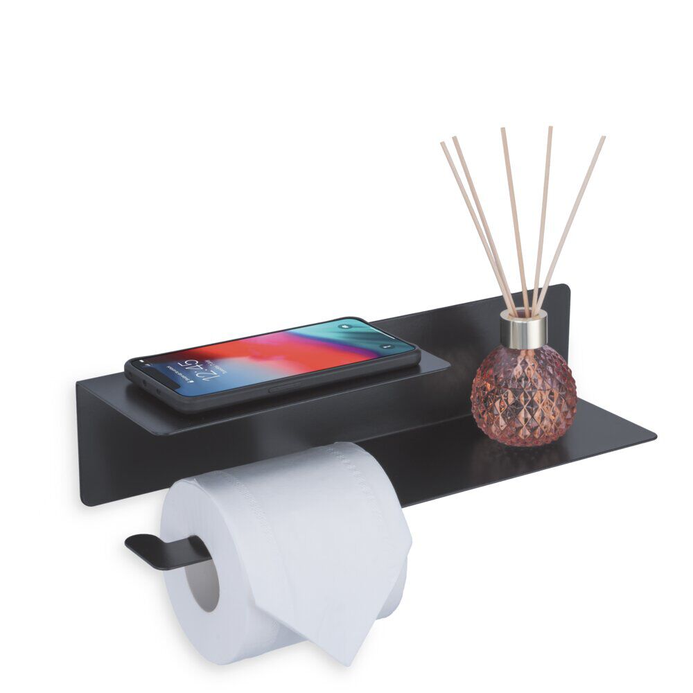Dérouleur papier WC avec support téléphone métal noir 37x8xH10cm