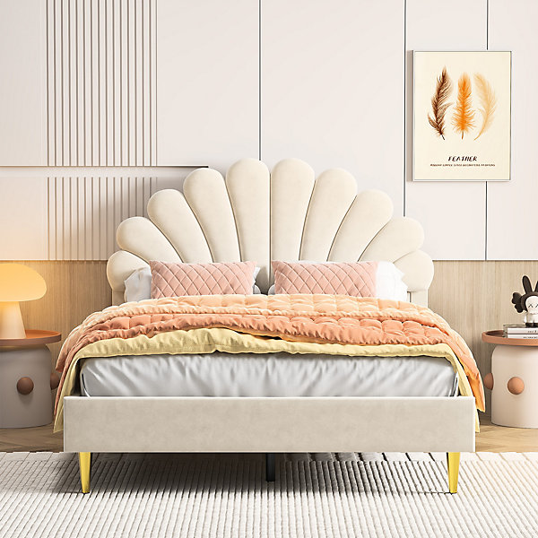 Lit Double Capitonné 140 X 200 Cm Avec Sommier à Lattes, Velours, Beige