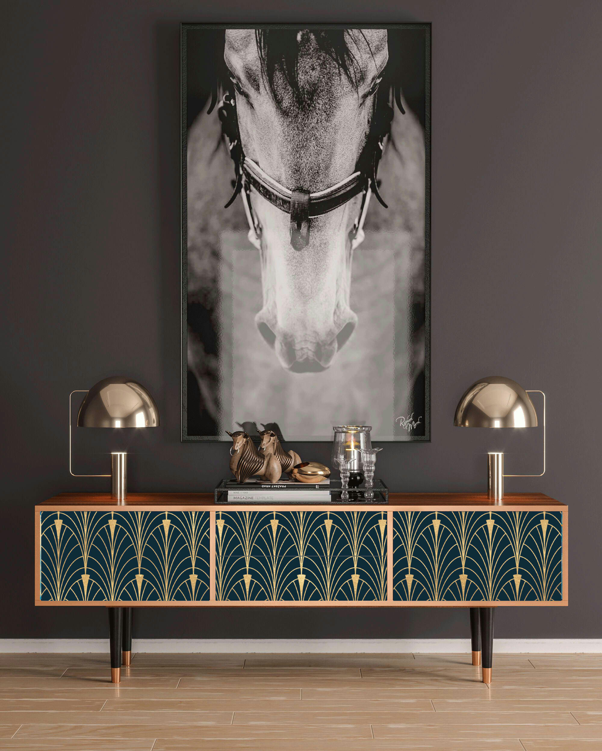 FLOWER OF THE NILE - Meuble TV  bleu et jaune 2 tiroirs et 2 portes L 170 cm