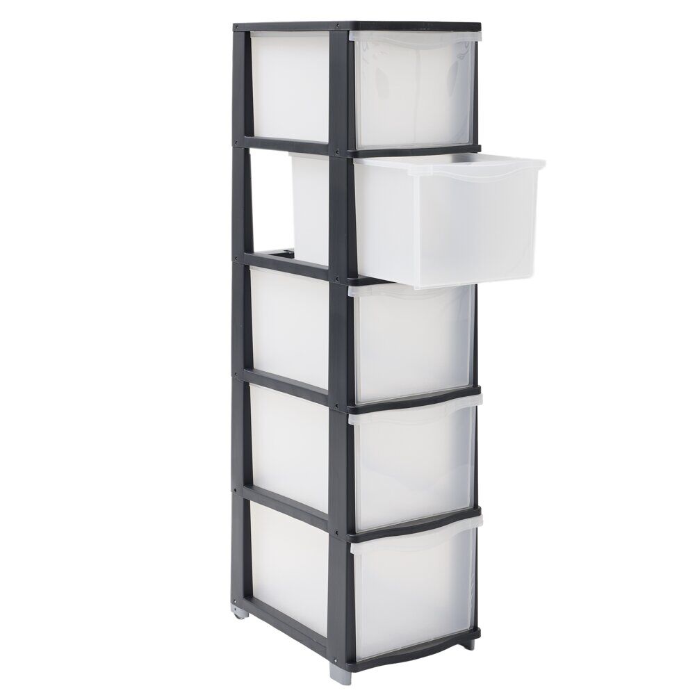 Tour de rangement à tiroirs x5 plastique noir et transparent 27x37xH102,5cm