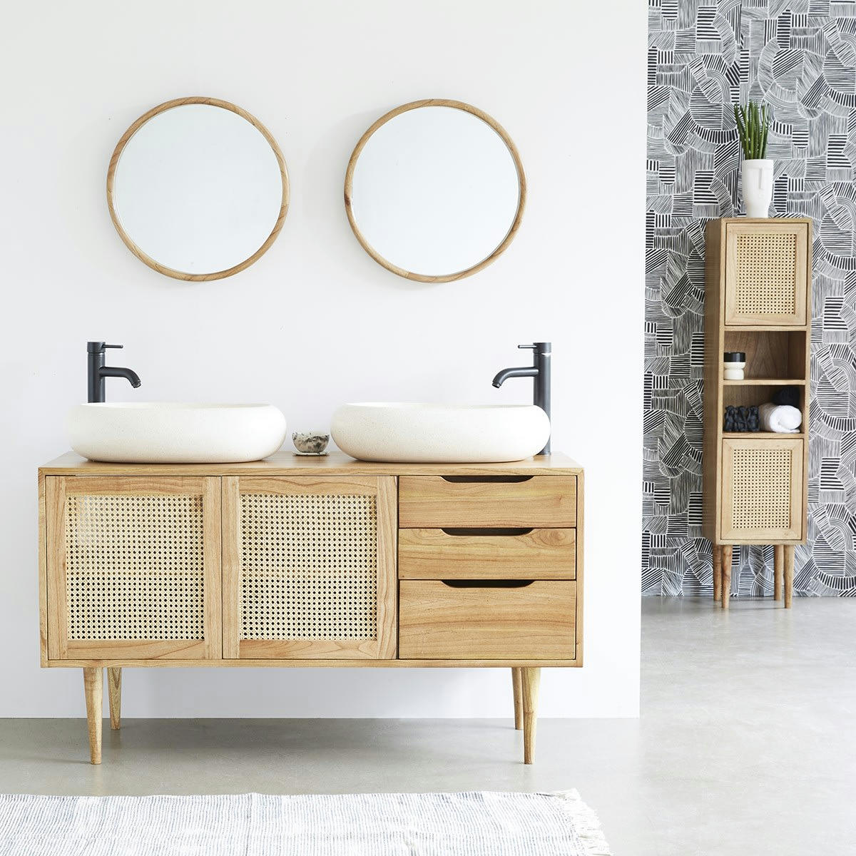 HANA - Meuble double vasque en mindi massif et cannage 135 cm