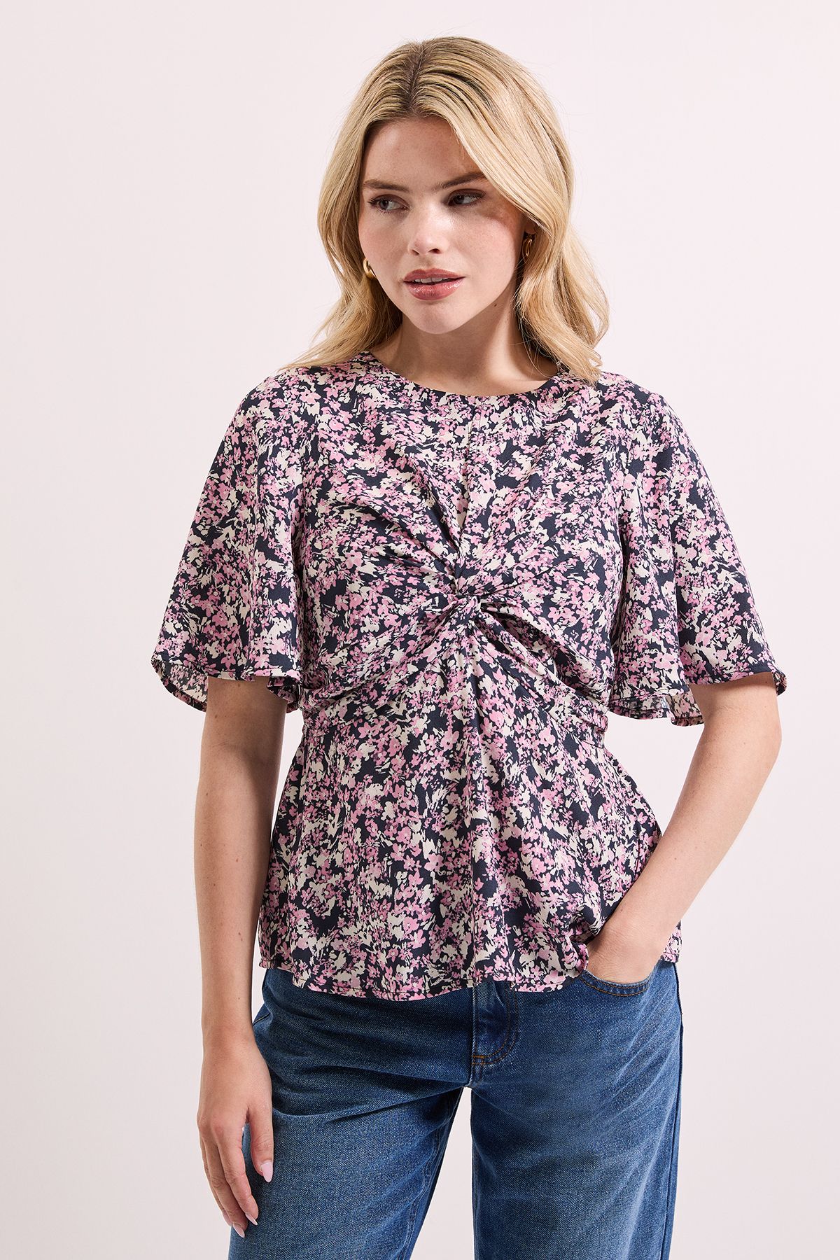 Dorothy Perkins Pink Floral Twist Front Angel Sleeve Top