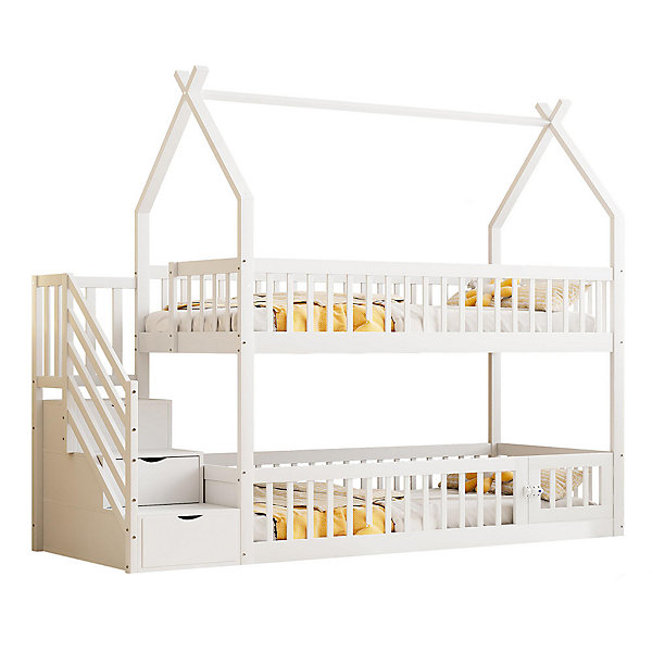 Lit superposé pour enfants en bois massif,90x200cm,blanc, avec toit, échelle de sécurité et tiroirs de rangement