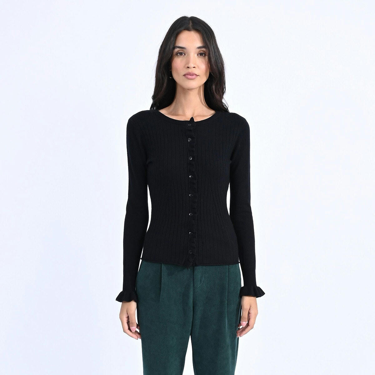 Gilet maille fine côtelée détails fronces