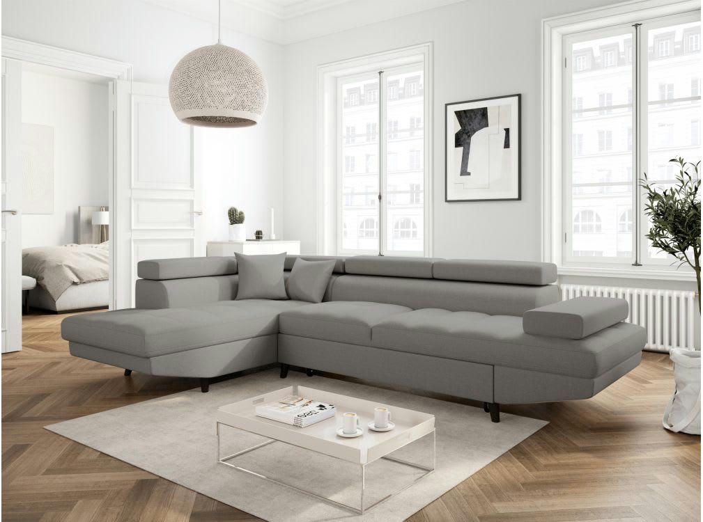 RIO SCANDI - Canapé angle gauche convertible, coffre - Gris clair - Pieds noir