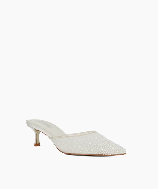 Cuddling Ivory - Sea Pearl Embellished Kitten Heel Wedding Mules