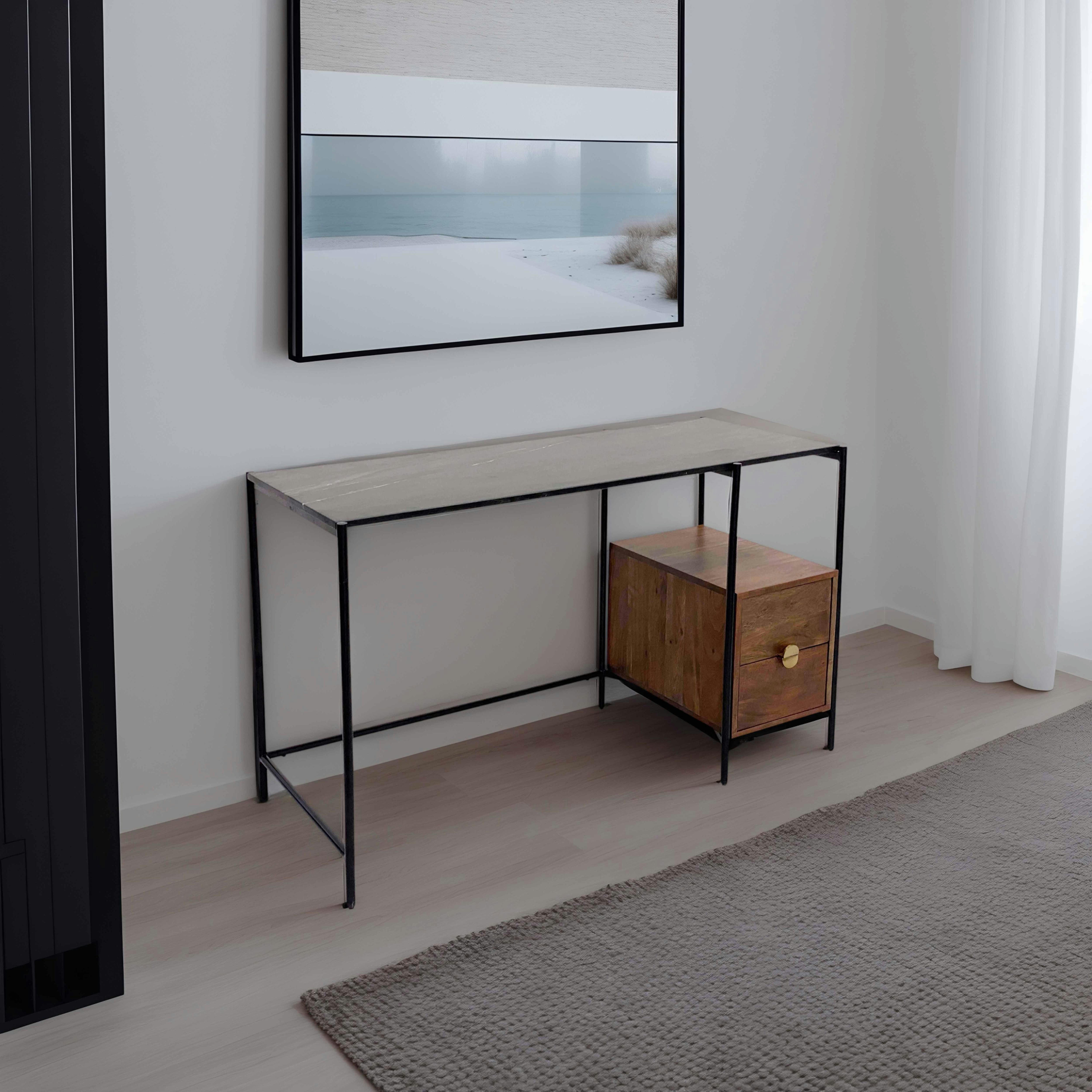 MONA - Bureau en marbre avec caisson de rangement en acacia massif