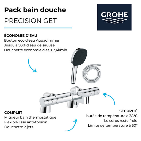 Pack mitigeur bain douche thermostatique GROHE Precision Get   douchette carré2 jets   flexible