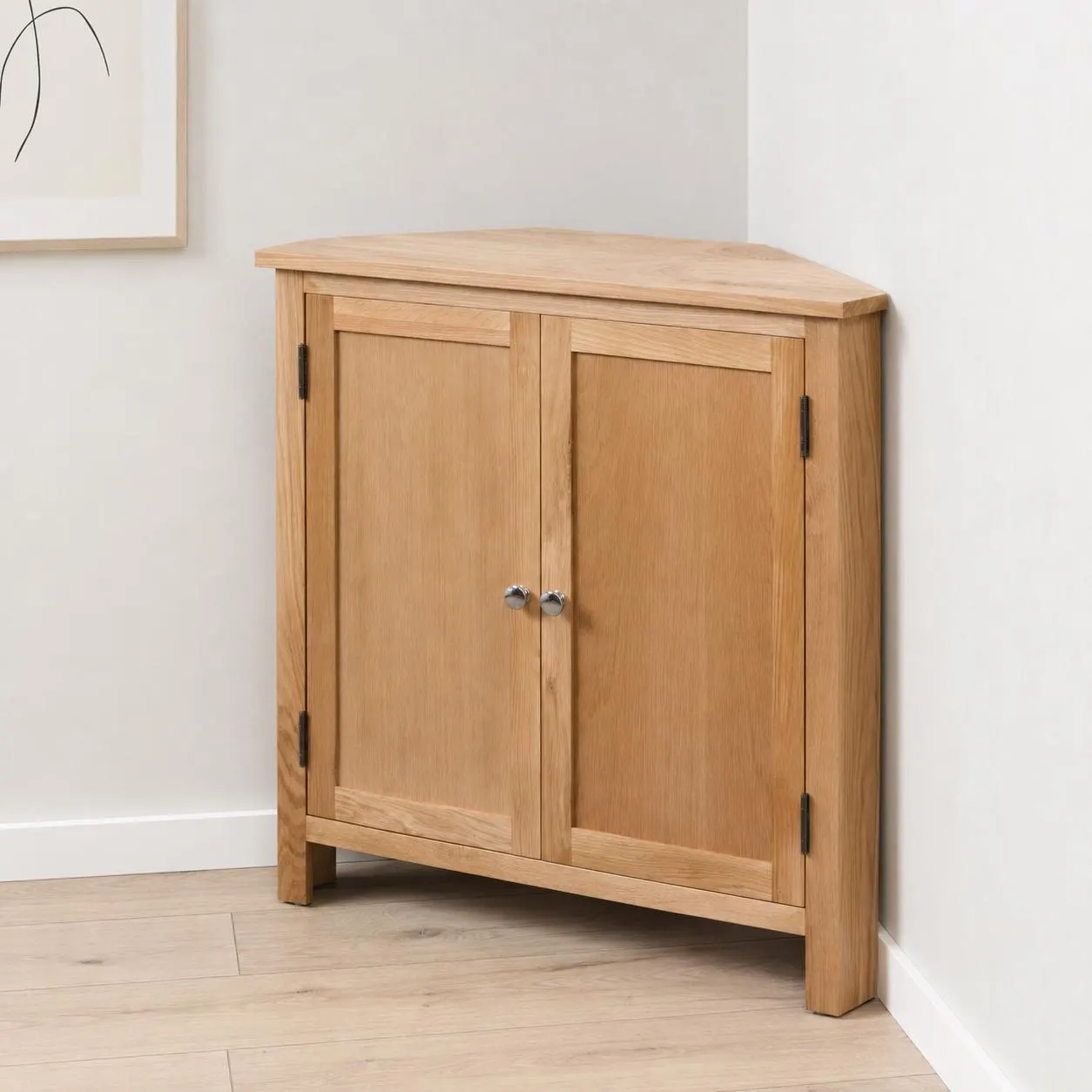 Solid Oak Wood Corner Cabinet - Space Saving Storage Unit with Double Doors