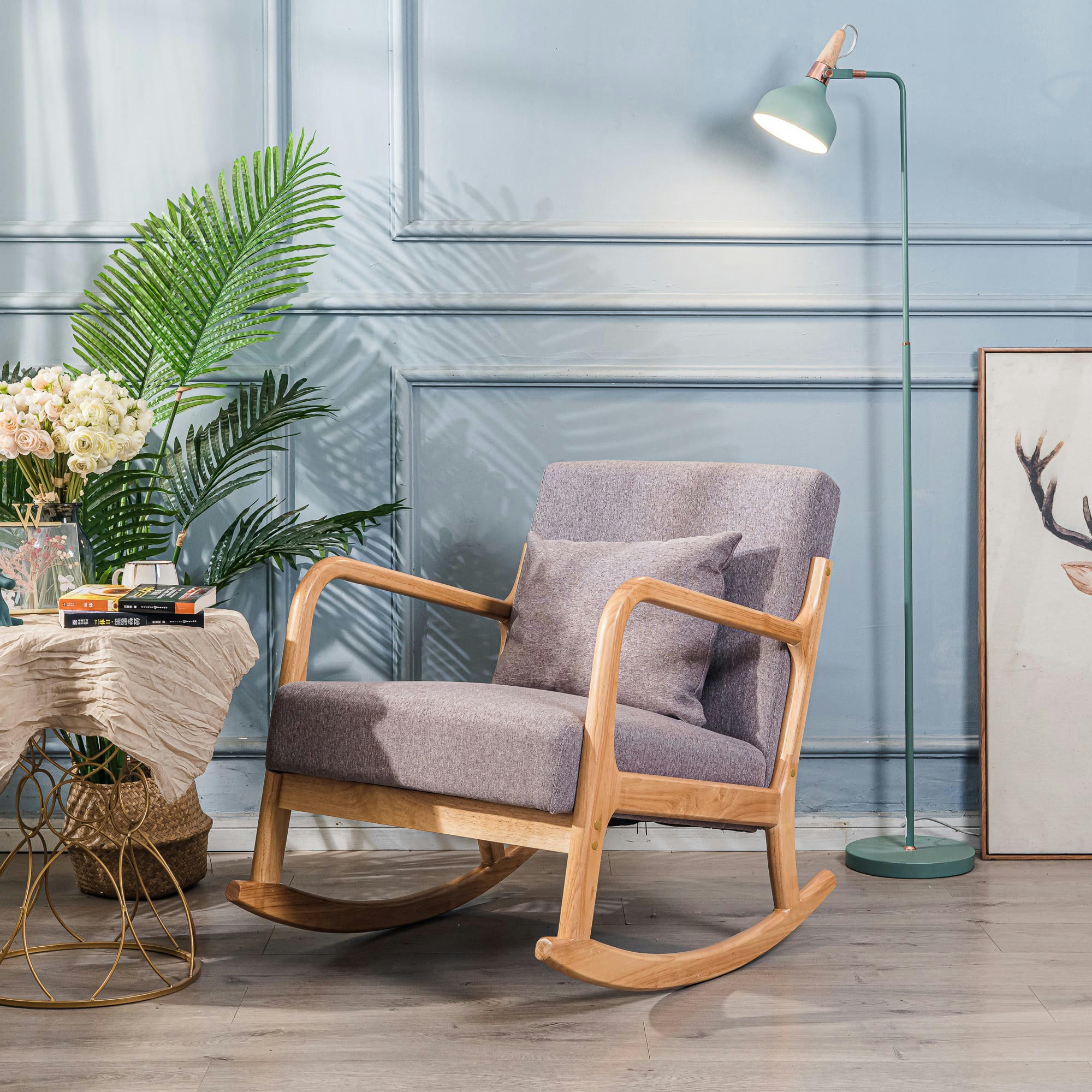 - Rocking chair en bois massif et tissu gris