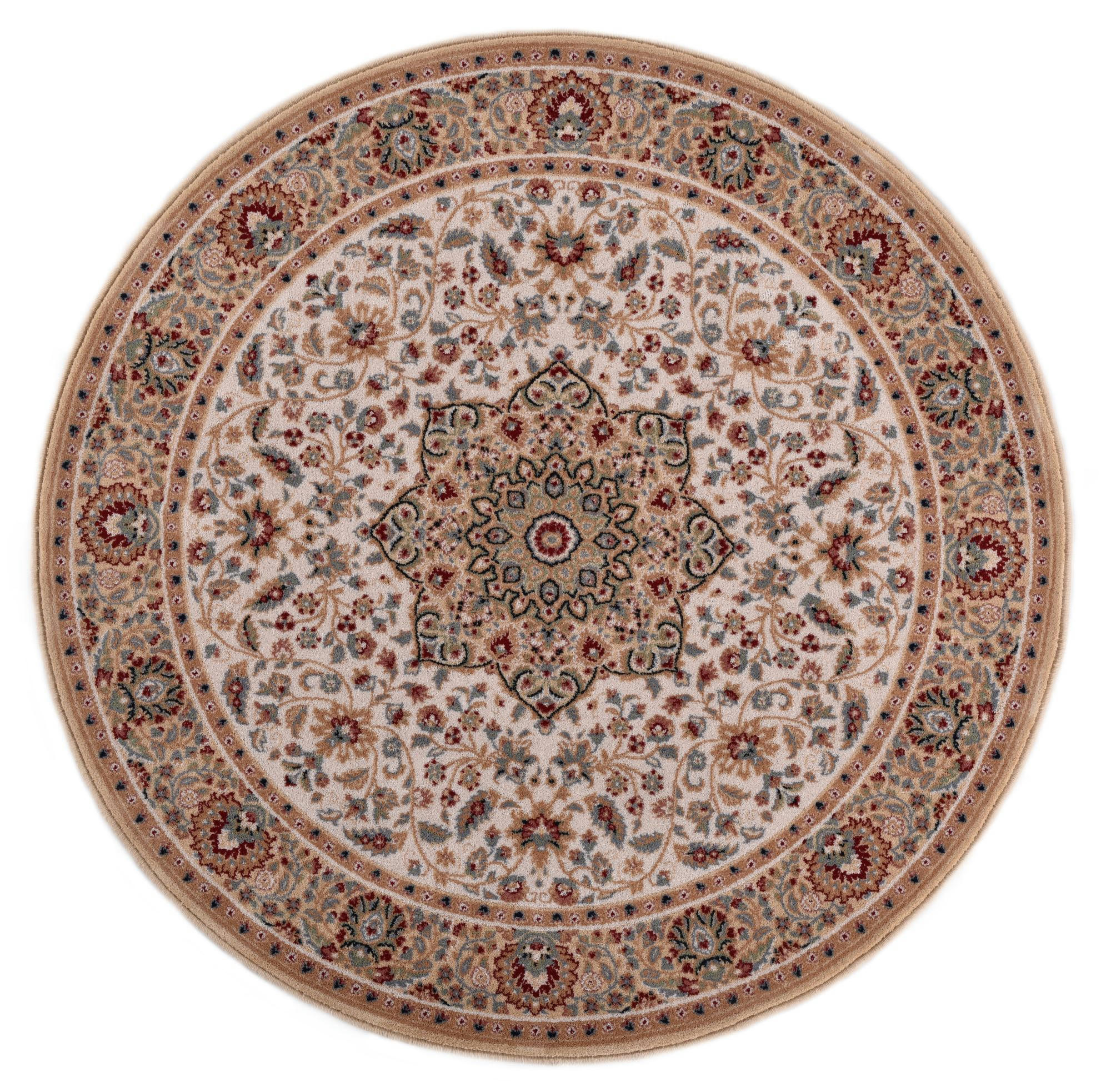 DOLNA - Tapis d'orient floral, tissé, laine naturelle beige Diam 200 cm