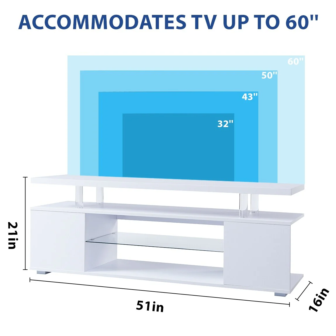 White 51 TV Stand with LED & Open Storage for 70 TVs
