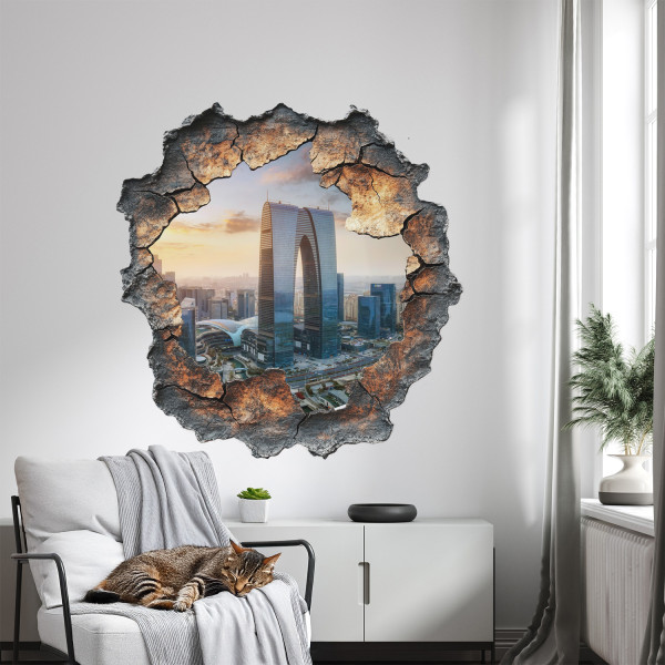 Efekt dziury w ścianie miasto przyszłości naklejka 3D 77x80